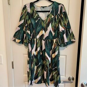 Leaf Print V-Neck Dress